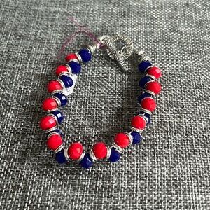 Glass dark blue purple red diamond cut beaded beads toggle silver tone bracelet